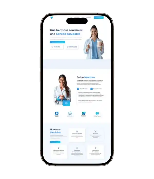 Captura de pantalla de la página web de una clínica dental mostrada en un smartphone