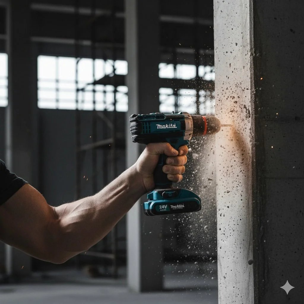 Maestro profesional usando un taladro inalámbrico con fuerza